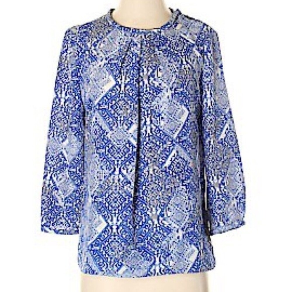 Piperlime Mosaic Print 3/4 Sleeve Blouse L Blue & White Top